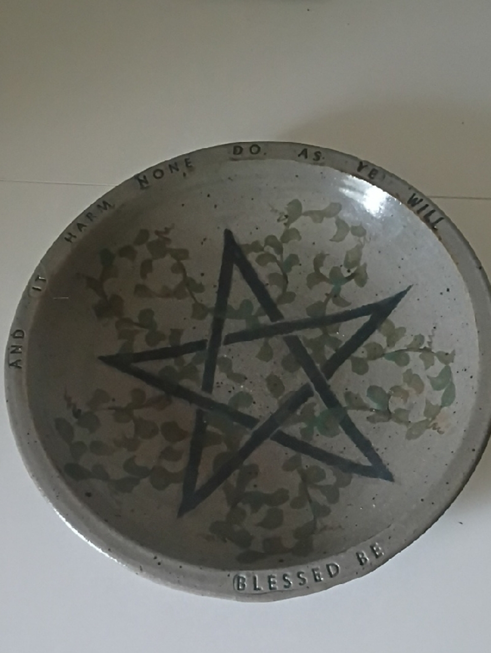 Handcrafted Gray Pentagram Ceramic Wall Plate - Blessed Be